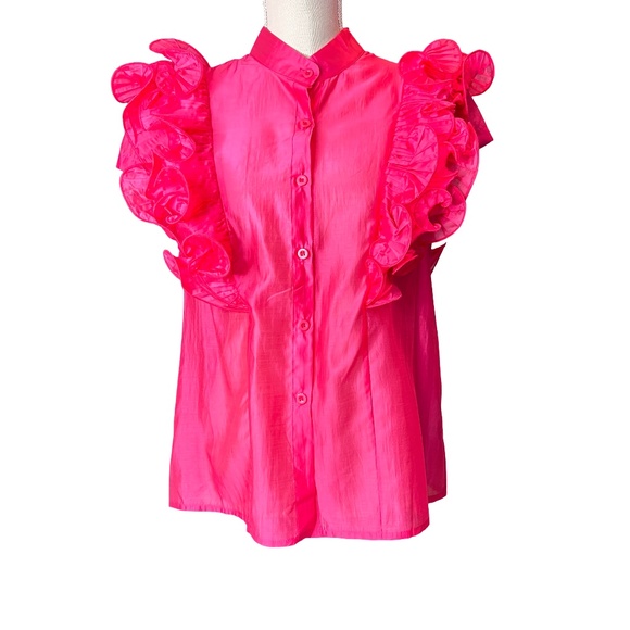 #A122   Nancy Barbiecore  Hot Pink  Organza  Ruffle Sleeve Top  NWT  Size M - Picture 1 of 10